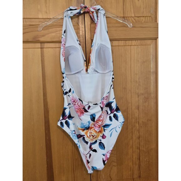 Cupshe Swimsuit L Tummy Control Floral and‎ Stripe Halter One Piece - Picture 7 of 11